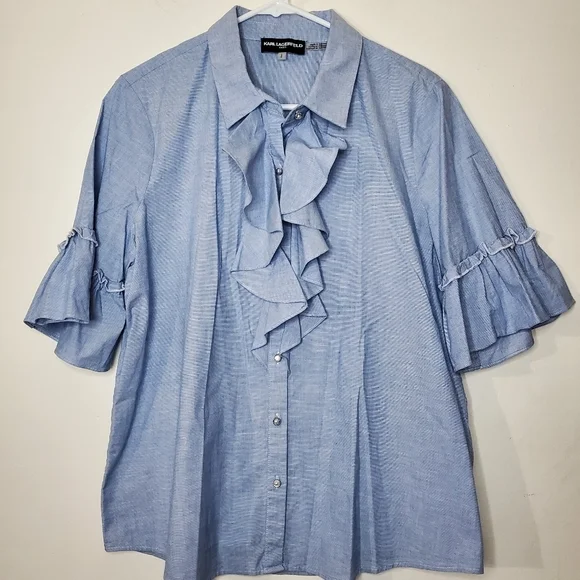 Karl Lagerfeld Ruffle Pearlsnap Blouse Size Large - Picture 2 of 8